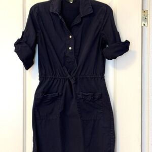 J.Crew Navy Blue Half Button Dress with Drawstring Waist and Roll-up Sleeves